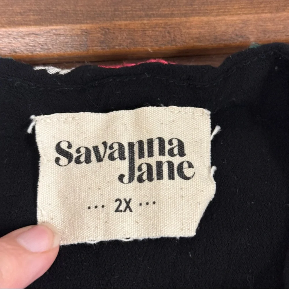 Savanna Jane 2X Black Floral Embroidered Boho Peasant Top Blouse Spring Summer - Picture 5 of 7